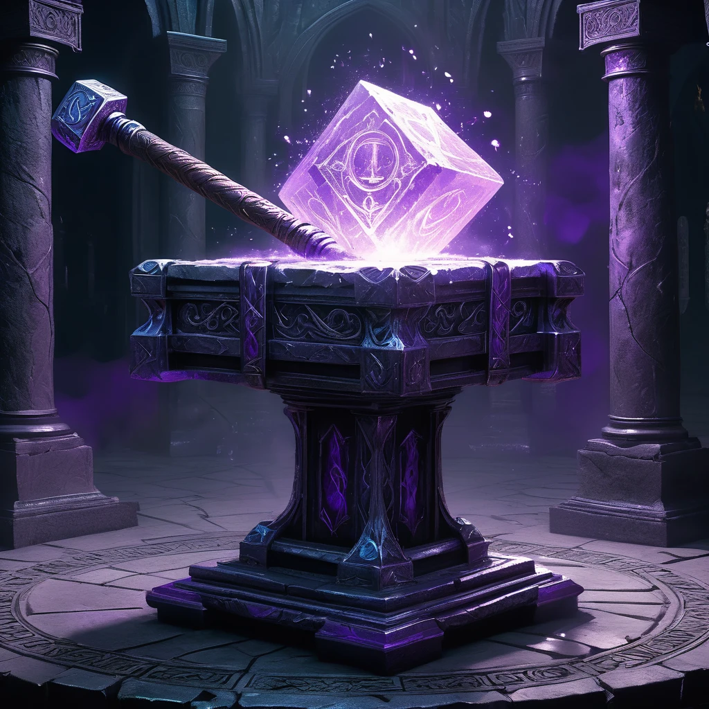 Visualize a medieval fantasy hammer resting on a stone pedestal in the center of an empty, dimly lit chamber. The hammer, forged from an ancient and enchanted metal, exudes a subtle purple glow that pulses rhythmically, casting eerie shadows on the rough-hewn walls. The handle is wrapped in dark leather, intricately embossed with mystical runes and symbols that faintly shimmer with arcane power. The massive head of the hammer is adorned with crystalline veins of amethyst, radiating an aura of formidable magical energy. Surrounding the pedestal are remnants of past enchantments—faded glyphs inscribed on the floor, scattered fragments of enchanted relics, and ancient tomes left open, their pages filled with forgotten spells. Capture the sense of potent magic and latent power in this empty room, where the enchanted hammer awaits a worthy wielder to unlock its true potential in a medieval fantasy world."