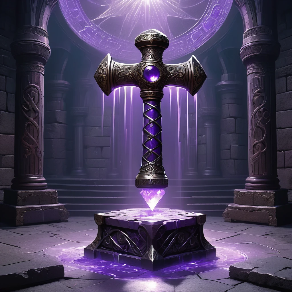 Visualize a medieval fantasy hammer resting on a stone pedestal in the center of an empty, dimly lit chamber. The hammer, forged from an ancient and enchanted metal, exudes a subtle purple glow that pulses rhythmically, casting eerie shadows on the rough-hewn walls. The handle is wrapped in dark leather, intricately embossed with mystical runes and symbols that faintly shimmer with arcane power. The massive head of the hammer is adorned with crystalline veins of amethyst, radiating an aura of formidable magical energy. Surrounding the pedestal are remnants of past enchantments—faded glyphs inscribed on the floor, scattered fragments of enchanted relics, and ancient tomes left open, their pages filled with forgotten spells. Capture the sense of potent magic and latent power in this empty room, where the enchanted hammer awaits a worthy wielder to unlock its true potential in a medieval fantasy world."