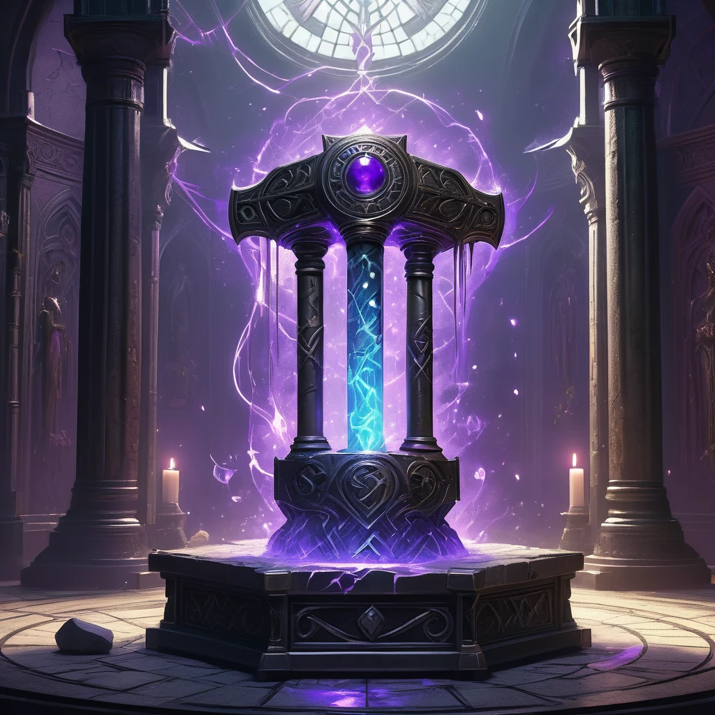 Visualize a medieval fantasy hammer resting on a stone pedestal in the center of an empty, dimly lit chamber. The hammer, forged from an ancient and enchanted metal, exudes a subtle purple glow that pulses rhythmically, casting eerie shadows on the rough-hewn walls. The handle is wrapped in dark leather, intricately embossed with mystical runes and symbols that faintly shimmer with arcane power. The massive head of the hammer is adorned with crystalline veins of amethyst, radiating an aura of formidable magical energy. Surrounding the pedestal are remnants of past enchantments—faded glyphs inscribed on the floor, scattered fragments of enchanted relics, and ancient tomes left open, their pages filled with forgotten spells. Capture the sense of potent magic and latent power in this empty room, where the enchanted hammer awaits a worthy wielder to unlock its true potential in a medieval fantasy world."