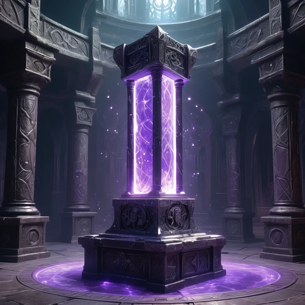 Visualize a medieval fantasy hammer resting on a stone pedestal in the center of an empty, dimly lit chamber. The hammer, forged from an ancient and enchanted metal, exudes a subtle purple glow that pulses rhythmically, casting eerie shadows on the rough-hewn walls. The handle is wrapped in dark leather, intricately embossed with mystical runes and symbols that faintly shimmer with arcane power. The massive head of the hammer is adorned with crystalline veins of amethyst, radiating an aura of formidable magical energy. Surrounding the pedestal are remnants of past enchantments—faded glyphs inscribed on the floor, scattered fragments of enchanted relics, and ancient tomes left open, their pages filled with forgotten spells. Capture the sense of potent magic and latent power in this empty room, where the enchanted hammer awaits a worthy wielder to unlock its true potential in a medieval fantasy world."