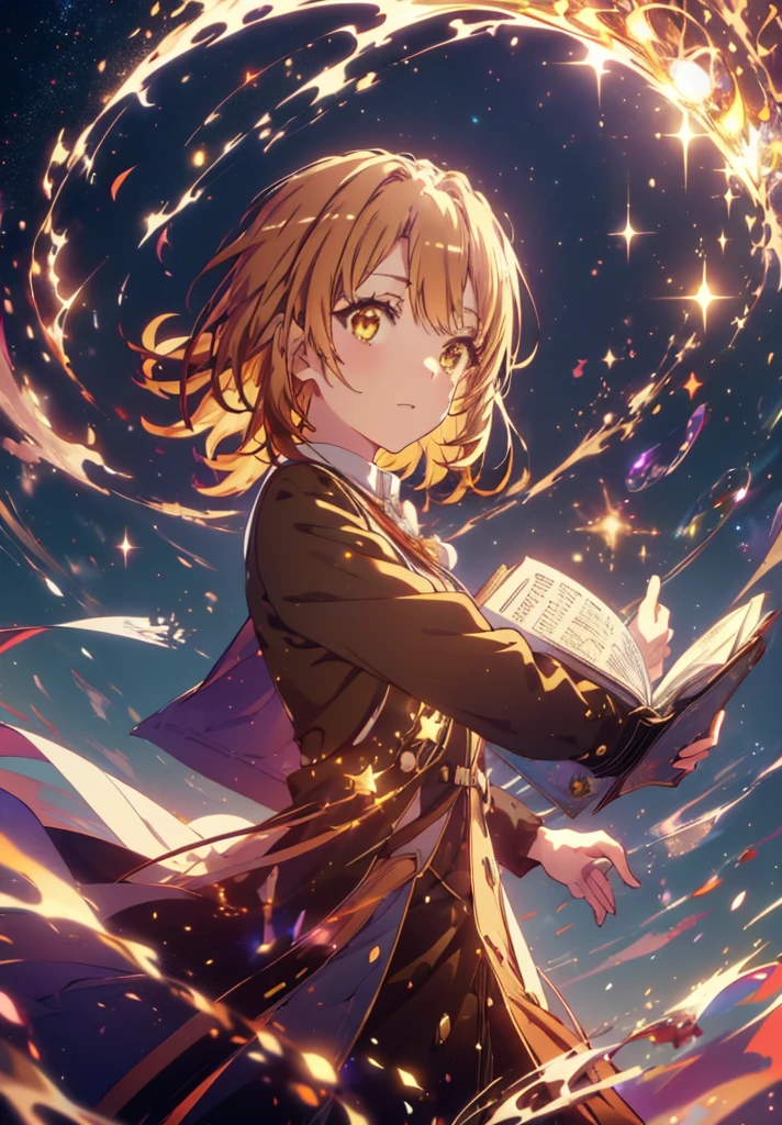Irohaisshiki, isshiki iroha, short hair, Brown Hair, (Brown eyes:1.5), smile,((Night Sky)),((Big full moon)),((Sparkling and colorful stars)),Fluffy hair,((Idol style costume with soft volume)),Long skirt,Holding a magic book in his right hand、,Use magic with your left hand,((witch)),Rubik'正方shape,
break outdoors, forest,forest
break looking at viewer,Upper Body,
break (masterpiece:1.2), Highest quality, High resolution, unity 8k wallpaper, (shape:0.8), (Narrow and beautiful eyes:1.6), Highly detailed face, Perfect lighting, Extremely detailed CG, (Perfect hands, Perfect Anatomy),