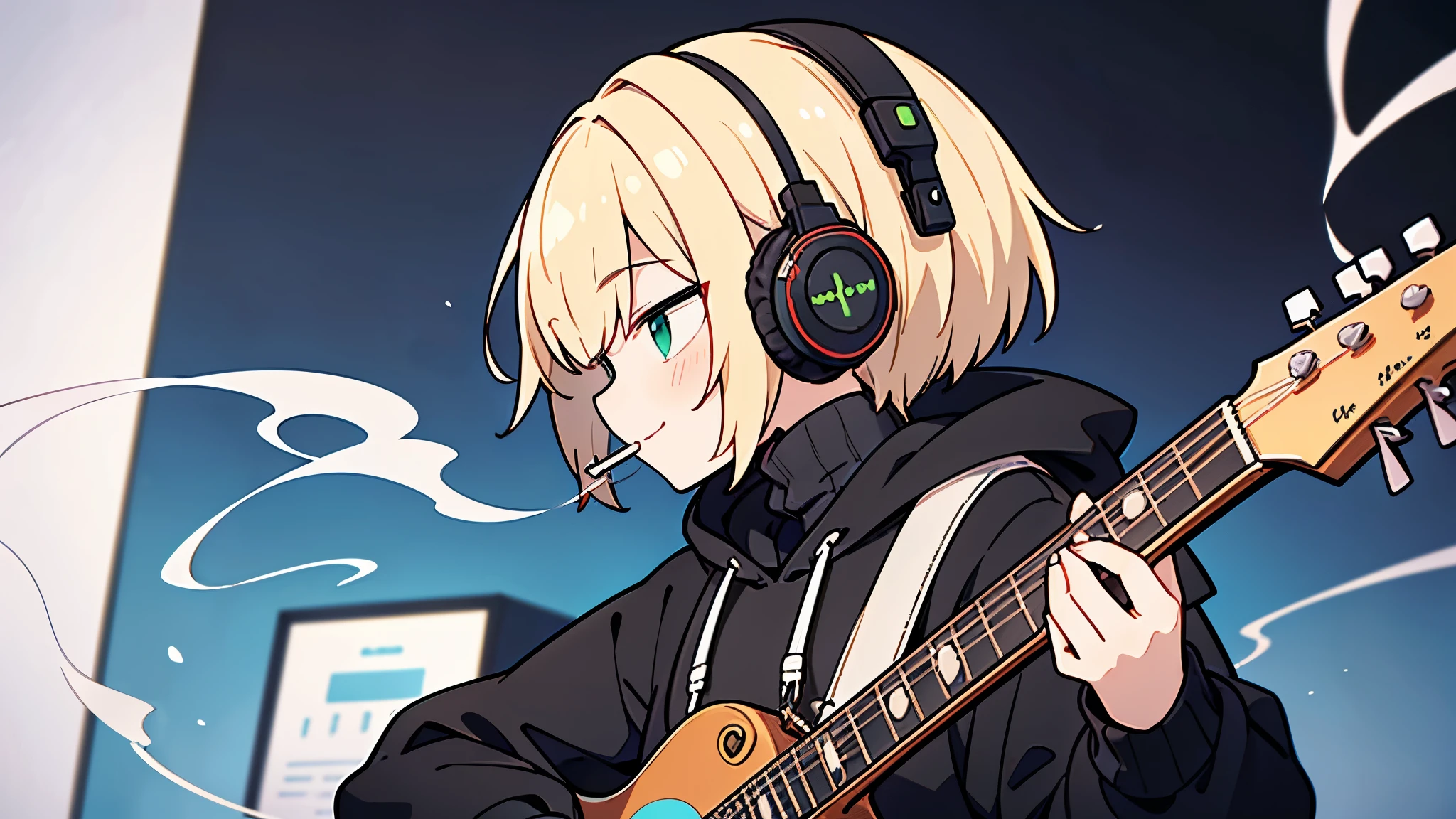 ((highest quality)), ((masterpiece)), (be familiar with), (Playing guitar in the studio)short hair、perfect face,white half-up hair,green mesh blonde、Smoke a cigarette、cool black hoodie,headphones,black gloves,turtleneck,alone,İcon、profile、Right beside、Expressionless、smile、Light-colored clothing