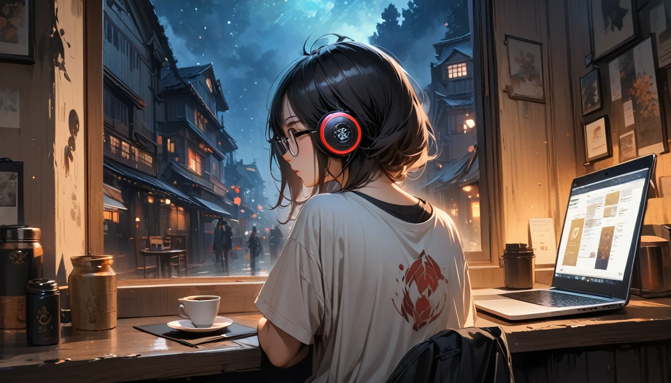 (((from behind))), ((8k of extremely detailed CG unit, Masterpiece, high resolution, highest quality, highest quality real texture skin)), (((indirect lighting))), (((Cafe with a calm atmosphere))), (((Big window with night sky))), (((Japanese style headphones,Glasses))), ((1One Coffee)), ((1 girl)), ((laptop)), (Japanese pattern T-shirt, denim), (Black hair, messy hair, beige skin), (surreal, digital painting)