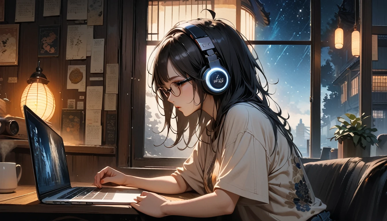 (((from behind))), ((8k of extremely detailed CG unit, Masterpiece, high resolution, highest quality, highest quality real texture skin)), (((indirect lighting))),  (((Cafe with a calm atmosphere))), (((Big window with night sky))), (((Japanese style headphones,Glasses))), ((１One Coffee)),  ((1 girl)), ((laptop)), (Japanese pattern T-shirt, denim), (Black hair, messy hair, beige skin), (surreal, digital painting)