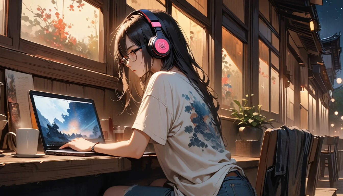 (((from behind))), ((8k of extremely detailed CG unit, Masterpiece, high resolution, highest quality, highest quality real texture skin)), (((indirect lighting))), (((Cafe with a calm atmosphere))), (((Big window with night sky))), (((Japanese style headphones,Glasses))), ((1One Coffee)), ((1 girl)), ((laptop)), (Japanese pattern T-shirt, denim), (Black hair, messy hair, beige skin), (surreal, digital painting)