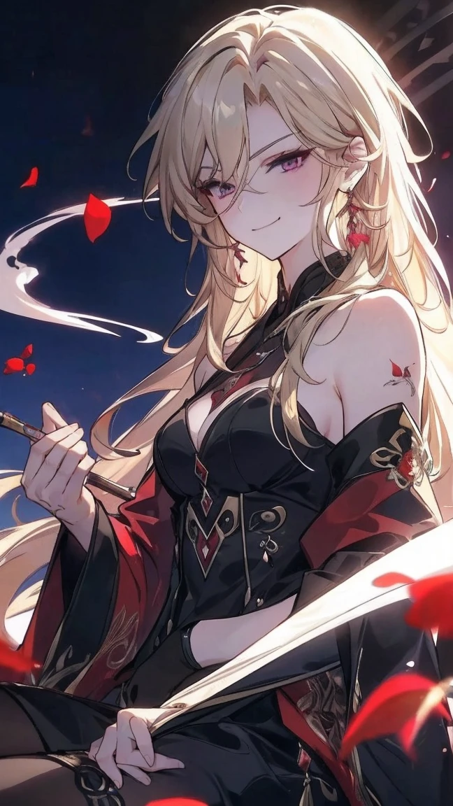 (extremely detailed 8K wallpaper),(ultra-detailed),(best quality),(masterpiece),(highly detailed),(cinematic lighting),(Original),Cold ligh，magenta eyes ,ink style，, smoking pipe, kiseru, holding a long smoking pipe, long sandy blonde hair，((Beautiful adult woman))，black dress with stockings，((slight smirk face))，（black socks）, adult woman, beautiful earrings, falling red petals, smokes/mist around, mist dragon in background