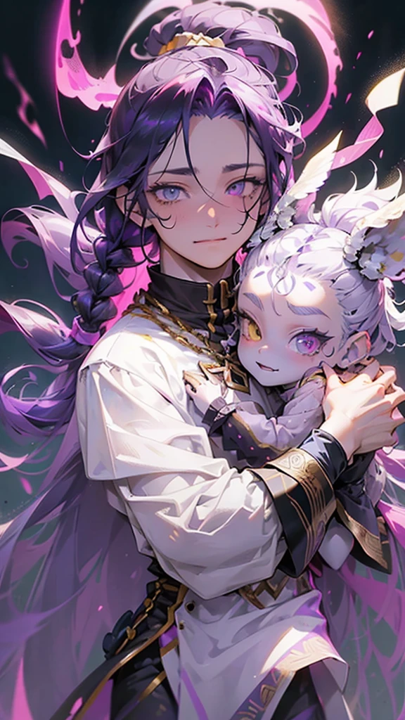 cheerful boy aristocrat open forehead. dark purple hair braided in a ponytail on the left side to one side. sinuous black horns wrapped in dark purple ribbon. pale violet eyes. in short dark purple shorts. long white T-shirt. dark purple knee-high socks. a white long robe with a hood flutters in the wind. black ancient stone walls of the castle purple light from lamps with gold ornaments, heterochromia, long curly hair, pale skin, I look at the viewer, closed mouth, bright smile, Beautiful, extremely detailed eye, Absolutely amazing art, extremely detailed, Digital art of the highest quality, full length, old piano, ancient walls of a stone castle