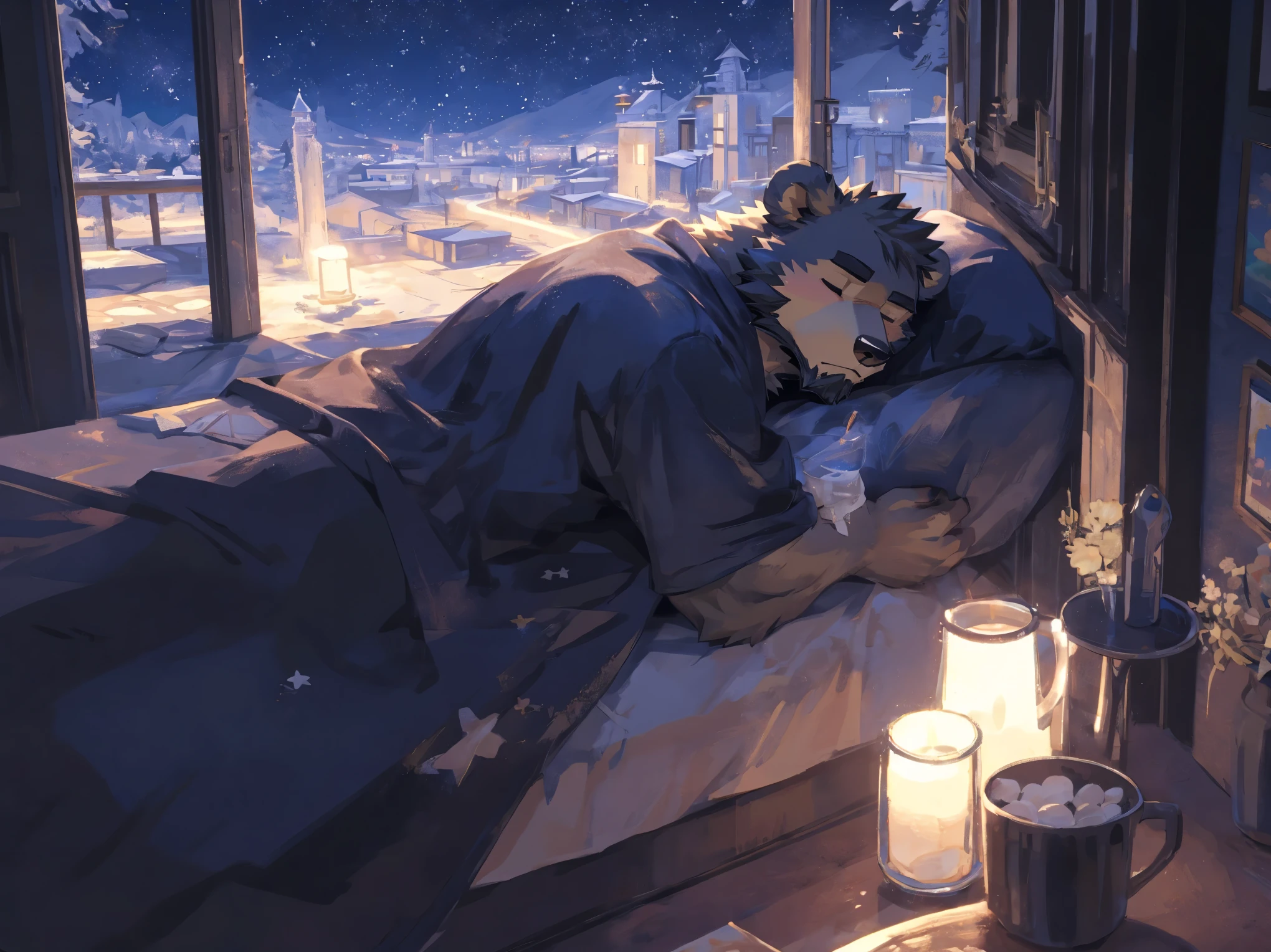 (masterpiece:1.2), best quality,pixiv,official art,perfect anatomy, (Ray tracing, light),solo, (1_male:1.3) , (muscle), (grey fur:1.4), (muscle bear), (beard:1.2), (gleaming golden eyes), bear tail, Thick black eyebrows,(black bathrobe), (naked inside), jeans, barefoot, A skyline at night, with twinkling stars and a bright Milky Way. character is sleeping in the bed with a blanket