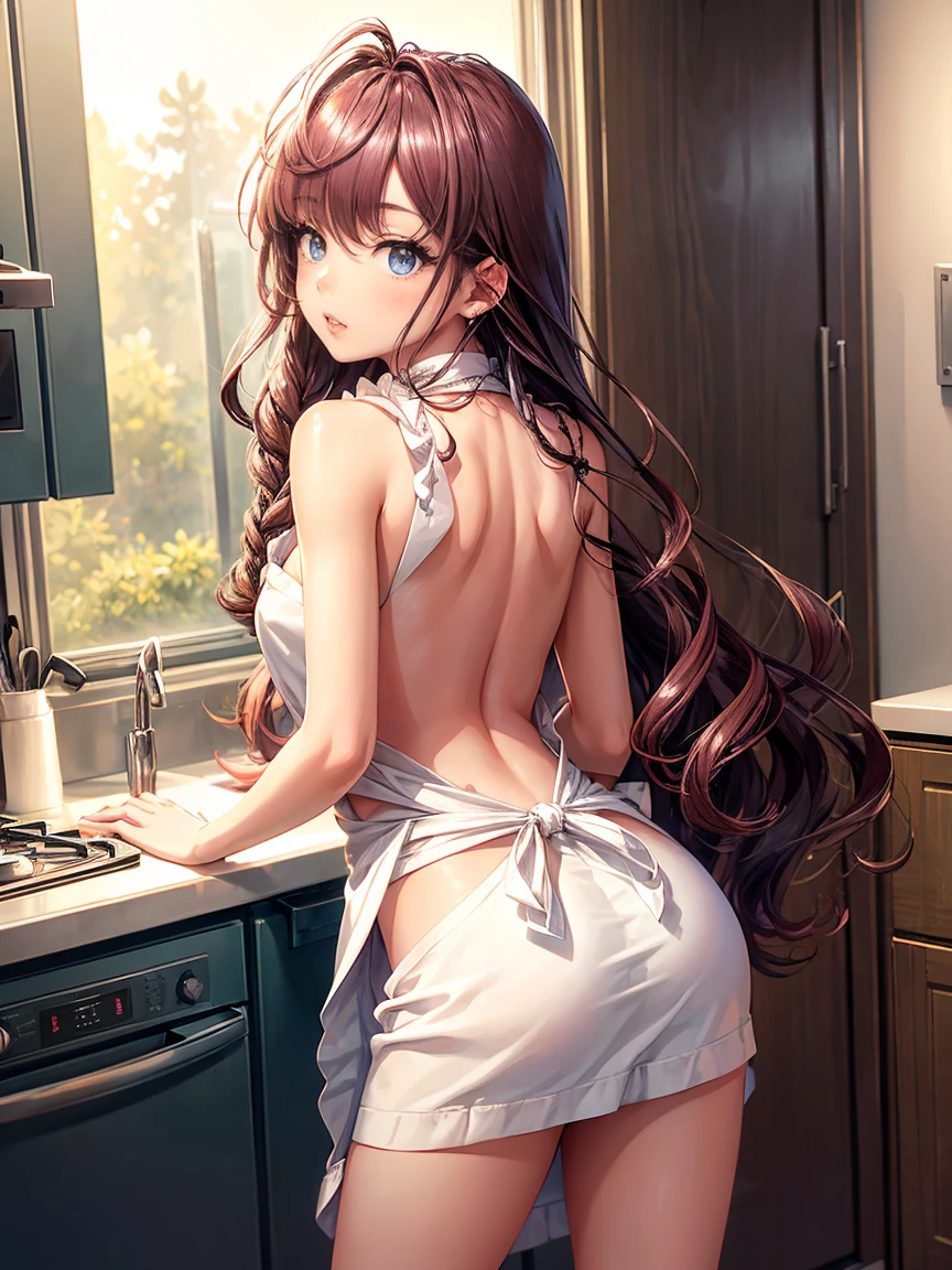 1girl, 18yo, idol, shiny skin, 1girl, (wearing nothing:1.1), (wearing simple apron over body:1.2), (bare back, bare hips, bare ass, bare legs), standing in the kitchen, nsfw