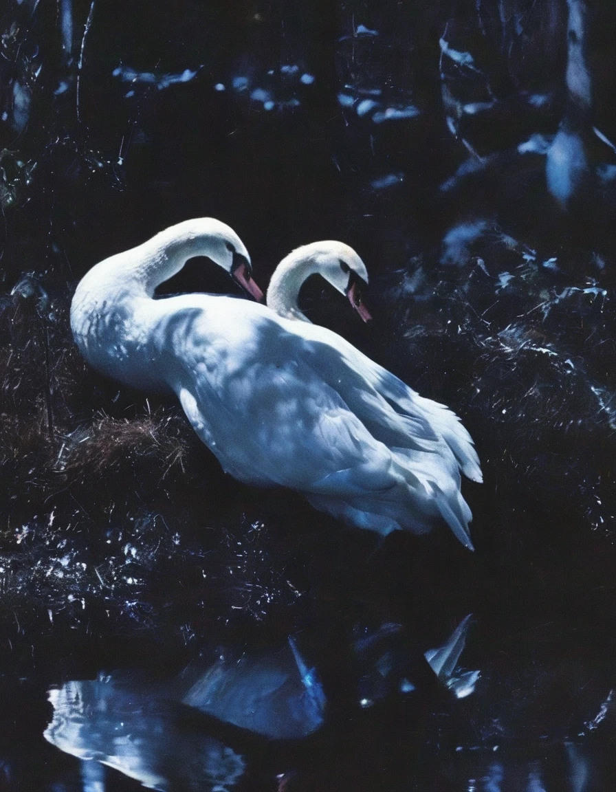 film photography, vintage, close up photo of white swan covered in blood in black water, blue dark forest night background