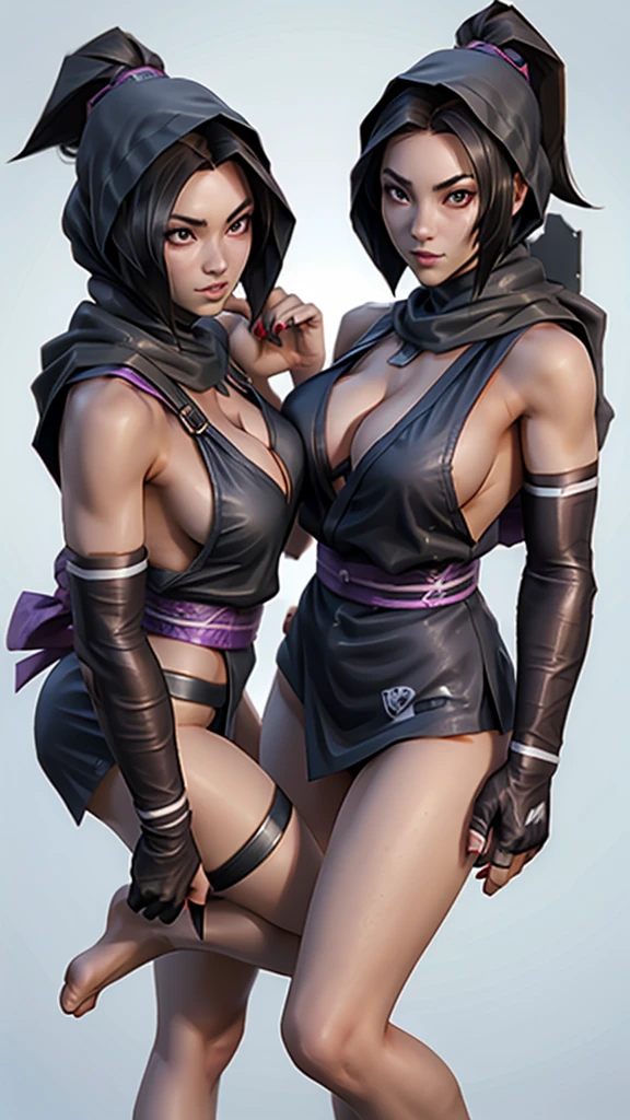 Two beautiful Female ninja with bare feet and black toe nails exposed with boob cleavage showing