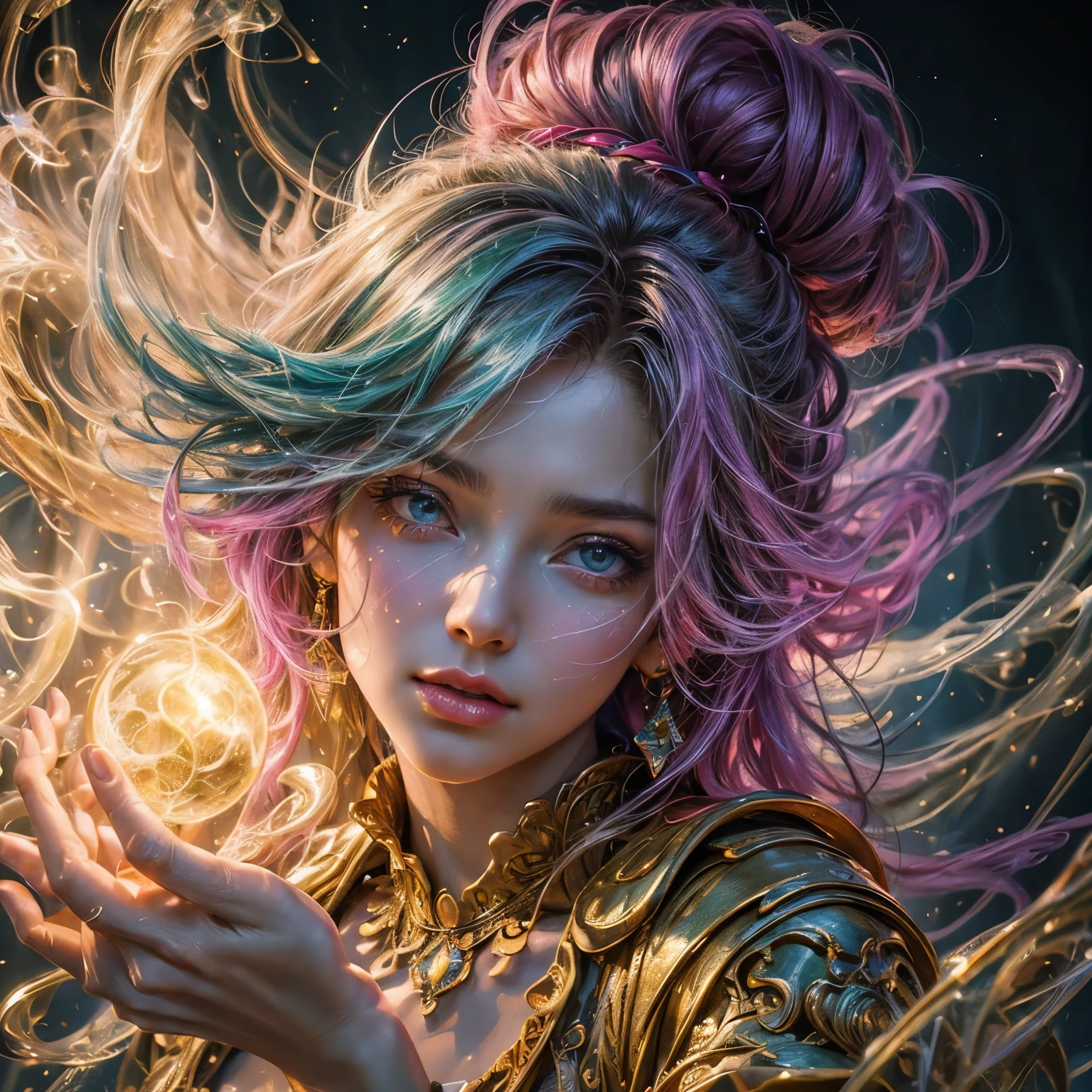 Beautiful and colorful woman: 15 years old woman, messy hair, oil painting, beautiful and perfect face with soft skin, perfect face, pinkish green cores, light and violet magnetic additions, light red additions, Cosplay, wearing apron or transparent nightgown, holding cutlery, intricate details home screen masterpiece in 8k resolution beautiful face digital painting photorealistic artstation smooth fluid black paint: photorealistic masterpiece in 8k resolution: intricately detailed gouache painting fluid: by John Baptist Mongue: calligraphy: acrylic: watercolor art , professional photography, natural lighting, volumetric lighting maximalist photo illustration: by Marton Bobzert: complex, elegant, expansive, Fantastic