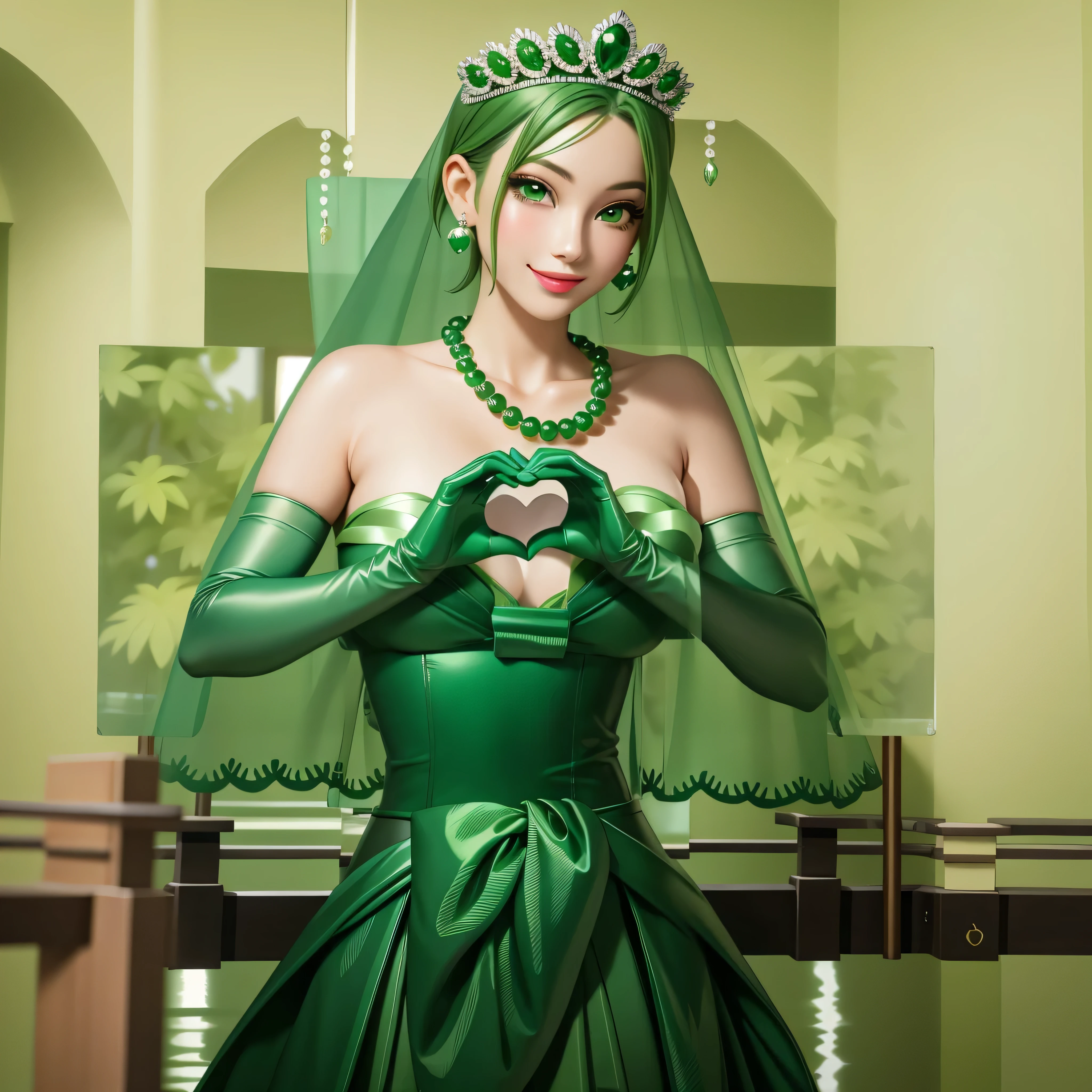 emerald tiara, Green Pearl Necklace, Boyish very short green hair, Green Lips, Smiling Japanese woman, Very short hair, Busty beautiful lady, Green Eyes, Green satin long gloves, Green Eyes, Emerald Earrings, Green veil, Heart with both hands, Heart shaped hands, Green Hair, Beautiful Japanese Woman, green lip gloss