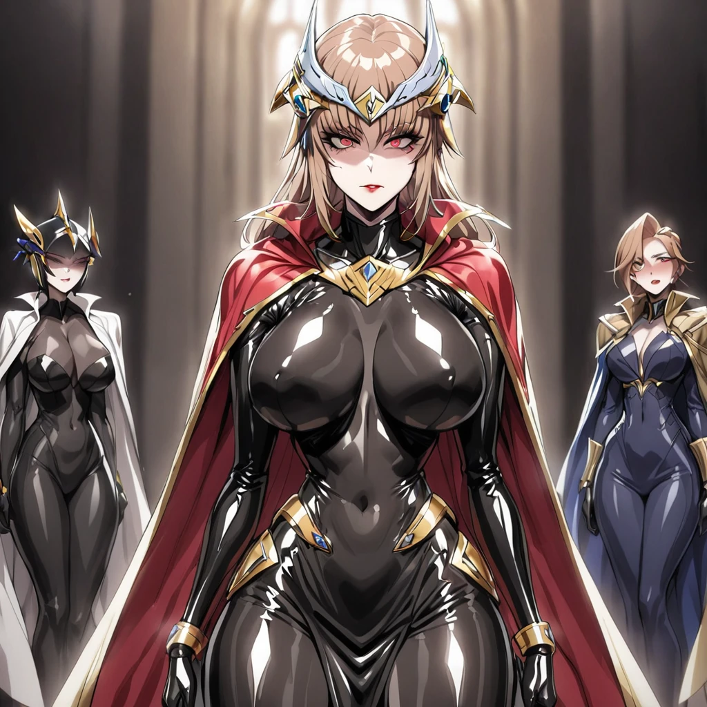 ((Highest quality)), ((masterpiece)), (detailed), （Perfect Face）、The woman is Princess Leona, with medium-long light brown hair, wearing a shiny, flashy, sexy, revealing black dress bodysuit, an open-front skirt, a cape, a headgear, lipstick, makeup, standing upright, and becoming an evil female executive.、Women are brainwashed, expressionless, and have no highlights in their eyes.