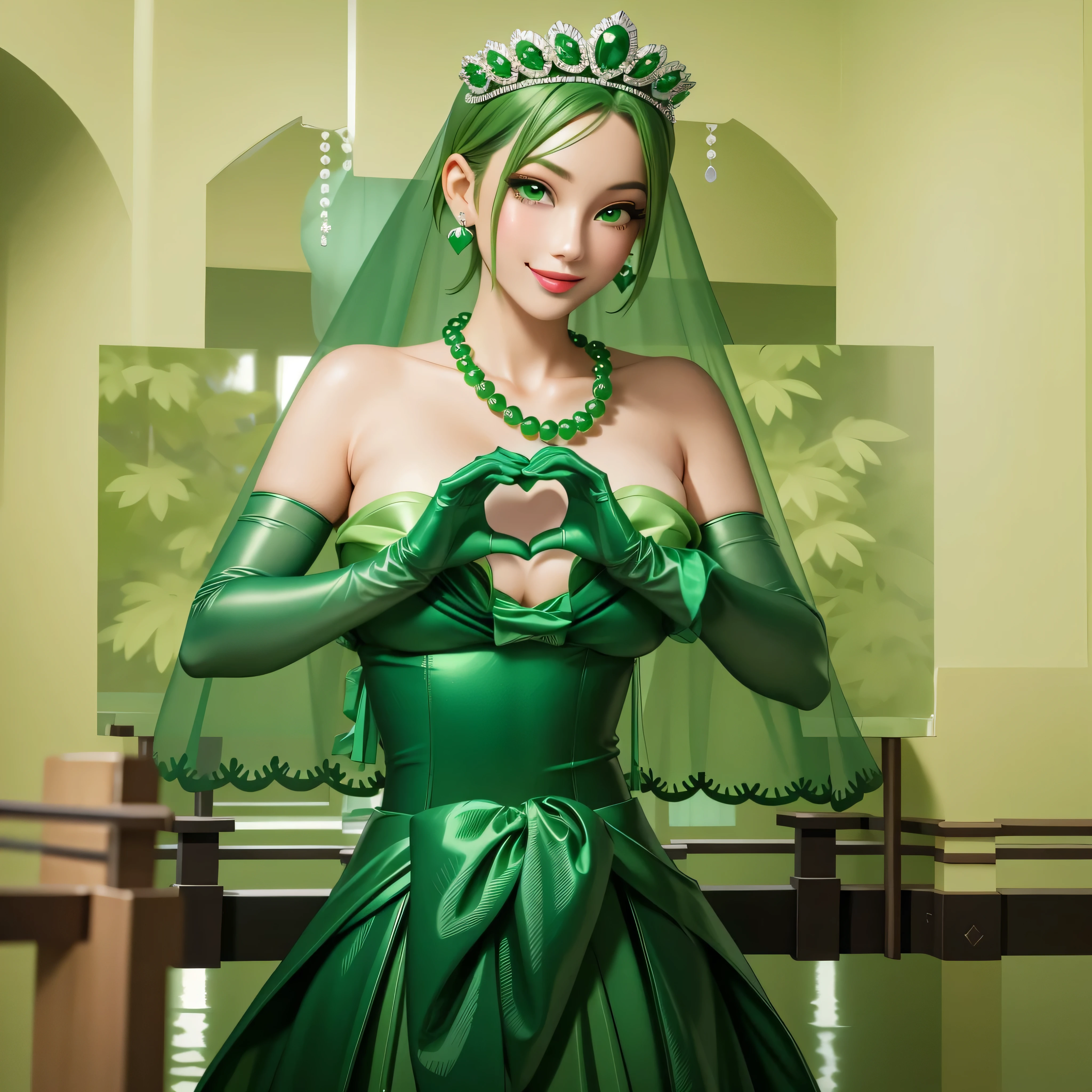 emerald tiara, Green Pearl Necklace, Boyish very short green hair, Green Lips, Smiling Japanese woman, Very short hair, Busty beautiful lady, Green Eyes, Green satin long gloves, Green Eyes, Emerald Earrings, Green veil, Heart with both hands, Heart shaped hands, Green Hair, Beautiful Japanese Woman, green lip gloss