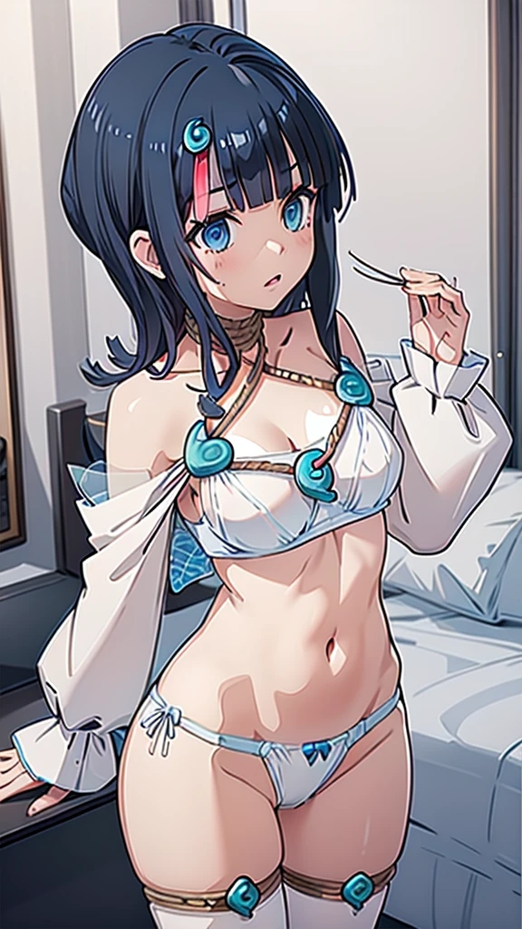 In underwear、Blue Bra、Blue Panties、Panties in full view、In underwear、 1girl, utsumiericeFA,long sleeves, bare shoulders, jewelry, puffy sleeves, necklace,, streaked hair, blue ribbon, puffy long sleeves,magatama,