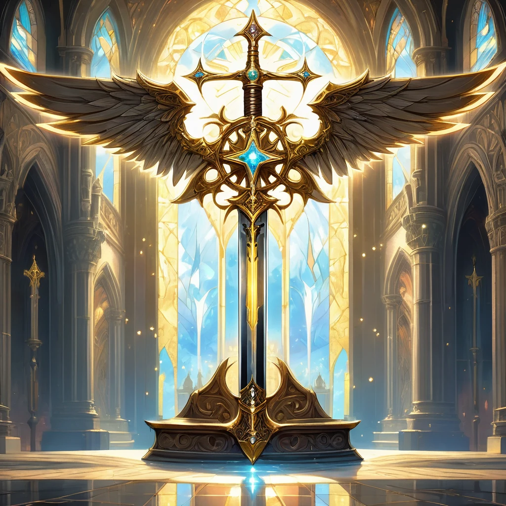 Imagine a holy weapon resting in the center of a grand, ancient cathedral bathed in golden light. This sacred sword, its blade forged from gleaming, blessed steel, radiates an aura of divine power. The hilt is adorned with intricate carvings of angels and sacred symbols, inlaid with precious gems that glisten like stars. The crossguard is shaped like outstretched wings, and the pommel holds a radiant crystal that pulses with pure, heavenly light. The cathedral is silent and reverent, with tall, stained glass windows depicting epic battles between light and darkness casting colorful patterns on the stone floor. Surrounding the sword are relics of saints, illuminated manuscripts, and altars draped in fine silk. Capture the essence of holiness and divine purpose in this medieval fantasy setting, where the sacred weapon stands as a beacon of hope and righteousness, waiting for a chosen hero to wield it in the eternal battle against evil."