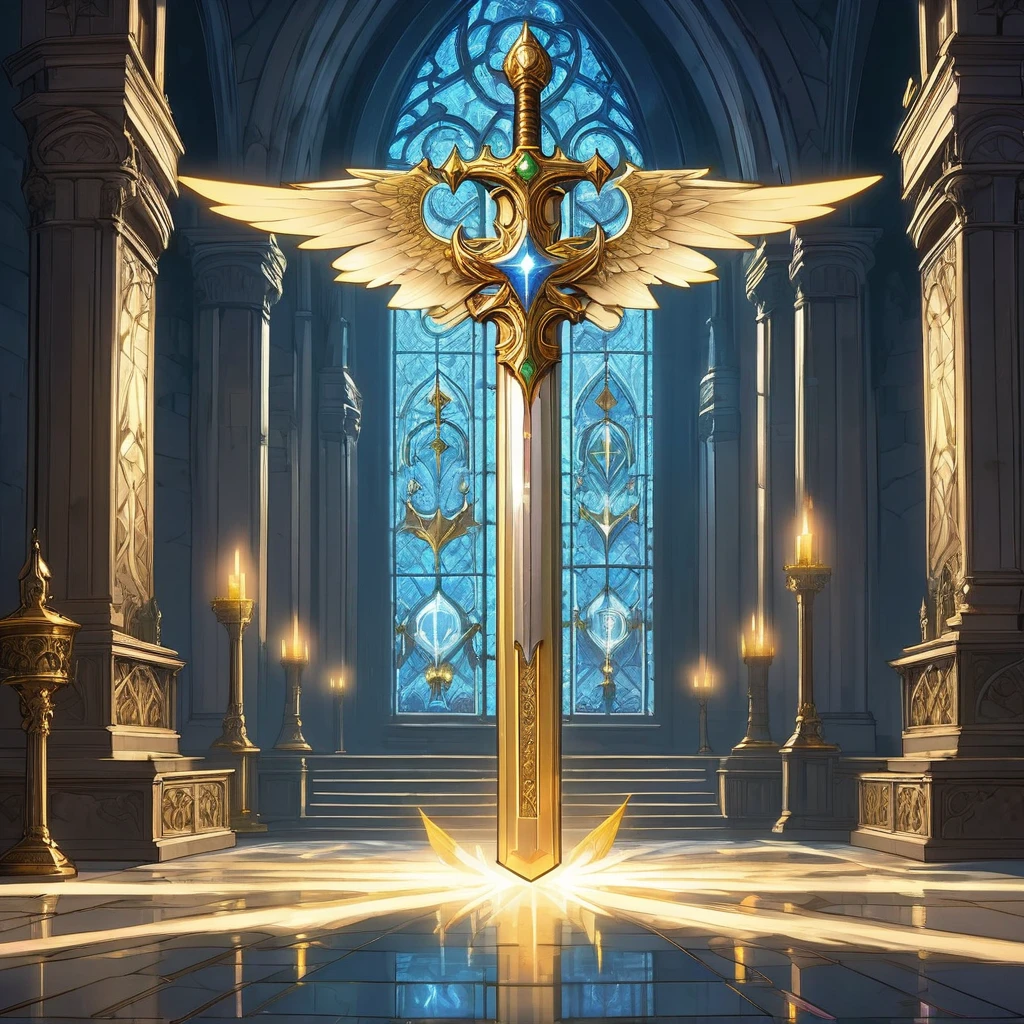 Imagine a holy weapon resting in the center of a grand, ancient cathedral bathed in golden light. This sacred sword, its blade forged from gleaming, blessed steel, radiates an aura of divine power. The hilt is adorned with intricate carvings of angels and sacred symbols, inlaid with precious gems that glisten like stars. The crossguard is shaped like outstretched wings, and the pommel holds a radiant crystal that pulses with pure, heavenly light. The cathedral is silent and reverent, with tall, stained glass windows depicting epic battles between light and darkness casting colorful patterns on the stone floor. Surrounding the sword are relics of saints, illuminated manuscripts, and altars draped in fine silk. Capture the essence of holiness and divine purpose in this medieval fantasy setting, where the sacred weapon stands as a beacon of hope and righteousness, waiting for a chosen hero to wield it in the eternal battle against evil."