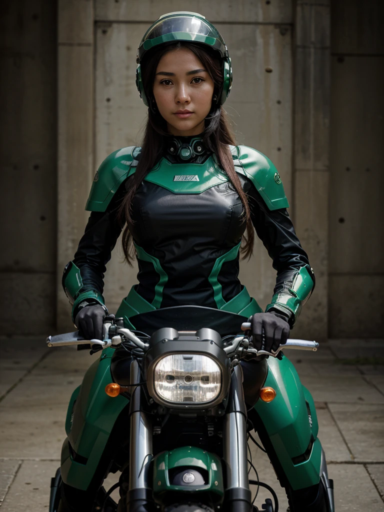 Highest image quality, outstanding details, ultra-high resolution, (realism: 1.4), the best illustration, favor details, highly condensed 1girl, with a delicate and beautiful face, dressed in a black and green mecha, wearing a mecha helmet, holding a directional controller, riding on a motorcycle, the background is a high-tech lighting scene of the future city, 44age
