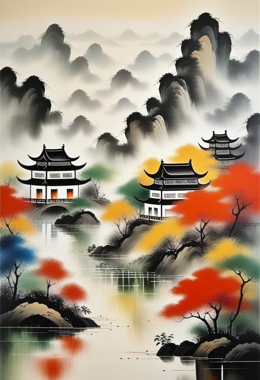 decorative painting in living room：geometric abstract ink，Describe Jiangnan Landscape Architecture Complex，Wu Guanzhong&#39;s style is an artistic expression that combines traditional Chinese ink techniques with Western painting concepts... It is characterized by a modern interpretation of a traditional theme.., Creates unique visual effects through color and lines..