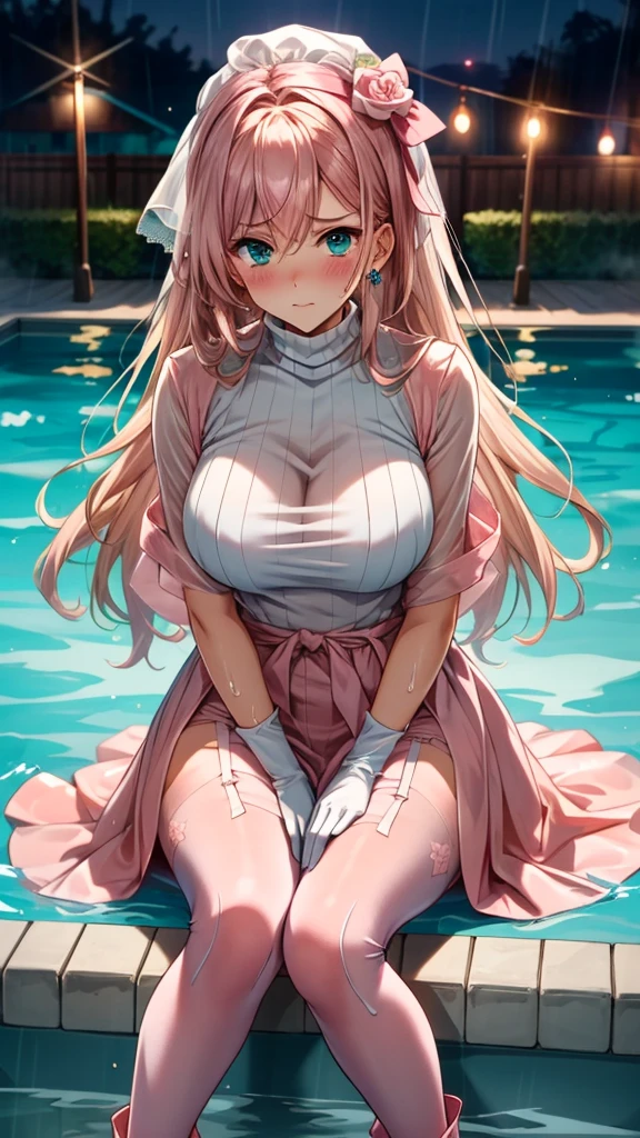Full body depiction on screen, Glaring Eyes Showing disgust Blonde Long Hair anime Romanesque style Super Curly Hair Super long sideburns Wet and transparent salmon pink turtleneck wedding dress cuteポージング Pool at night Droopy eyes Ribbon headband Aqua Blue Rubber Sheets Aqua Blue Rubber Bed Sitting Sad face Embarrassing Blushing Wet and see-through salmon pink berry long skirt Wet and see-through salmon pink tights Wet and see-through salmon pink underwear Metal luster Chest mesh Multiple ribbons Soaked in the rain Wet and see-through salmon pink super long gloves Wet and see-through salmon pink pantyhose Wet and transparent shocking pink garter belt cute Pitiful clear Big eyes Droopy eyes Pale pink rouge Shocking Pink Pink Long Boots Wet and see-through salmon pink bodysuit