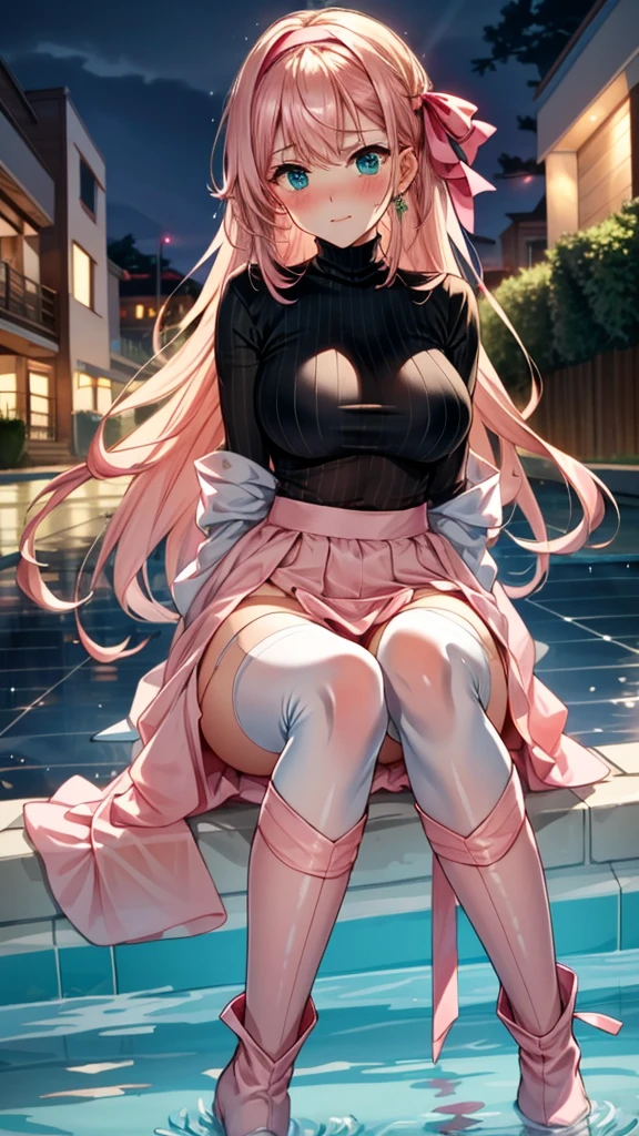 Full body depiction on screen,　Glaring Eyes　Showing disgust　Blonde Long Hair　anime　Romanesque style　 Super Curly Hair　Super long sideburns　Wet and transparent salmon pink turtleneck wedding dress　cuteポージング　Pool at night　Droopy eyes　Ribbon headband　Aqua Blue Rubber Sheets　Aqua Blue Rubber Bed　Sitting　Sad face　Embarrassing　Blushing　Wet and see-through salmon pink berry long skirt　Wet and see-through salmon pink tights　Wet and see-through salmon pink underwear　Metal luster　Chest mesh　Multiple ribbons　Soaked in the rain　Wet and see-through salmon pink super long gloves　Wet and see-through salmon pink pantyhose　Wet and transparent shocking pink garter belt　cute　Pitiful　clear　Big eyes　Droopy eyes　Pale pink rouge　Shocking Pink Pink Long Boots　Wet and see-through salmon pink bodysuit