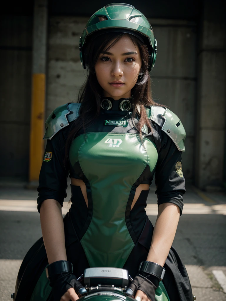 Highest image quality, outstanding details, ultra-high resolution, (realism: 1.4), the best illustration, favor details, highly condensed 1girl, with a delicate and beautiful face, dressed in a black and green mecha, wearing a mecha helmet, holding a directional controller, riding on a motorcycle, the background is a high-tech lighting scene of the future city, 44age