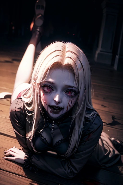 masterpiece, Highest quality, View from above, One girl, ((Goth)), ((pale_skin)), Sharp teeth, Horror, Messy Hair, look up, Makeup running down, Goth, Horror, Devilish Laugh, spooky, Broken black piemas, , Kneel on the floor, Wooden chamber, (血まみれの奇妙なspookyサイン, Wounded), ((Blood splattered on the floor)), darkness, Cruelty, Low Light, Ultra-detailed, expensive_resolution