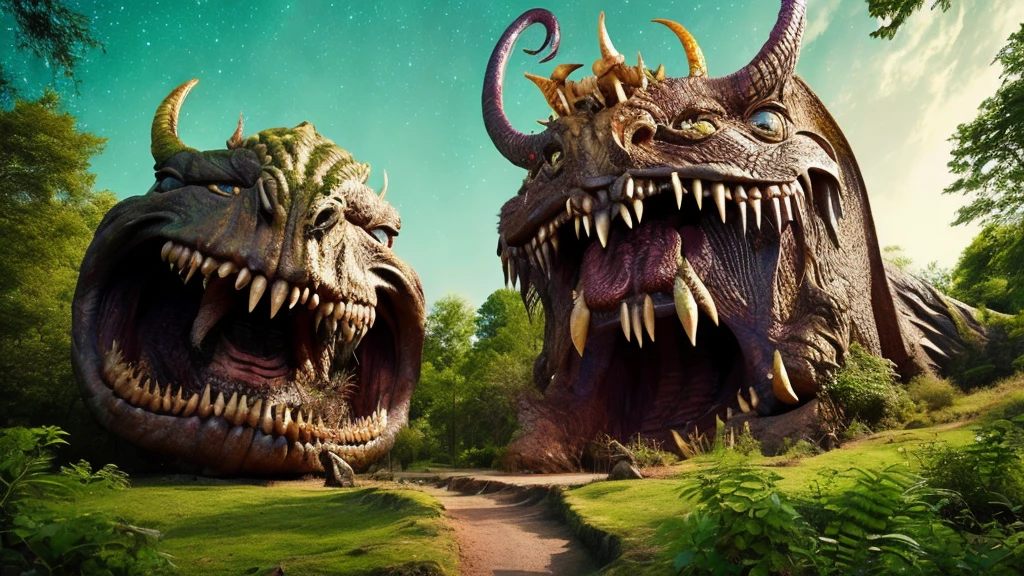 Giant monster face, Looking up at the night sky, Intimidating giant monster, Giant monster mouth,A gigantic, terrifying monster, harmless, Hell on Earth, Super-giant creature, Emanating dignity, Inorganic, Aerial perspective, Primary forest, Majestic Monsters, prey