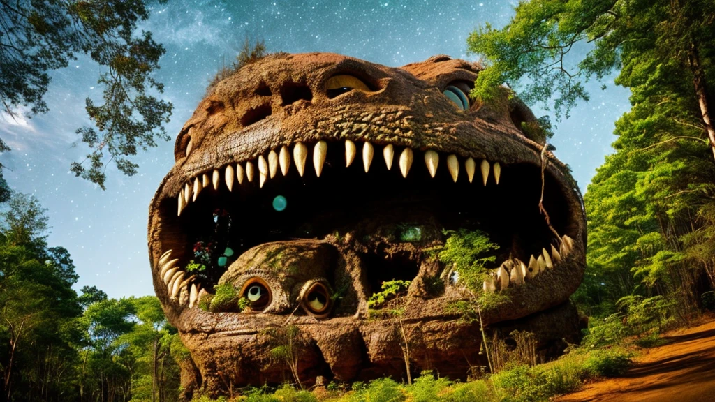 Giant monster face, Looking up at the night sky, Intimidating giant monster, Giant monster mouth,A gigantic, terrifying monster, harmless, Hell on Earth, Super-giant creature, Emanating dignity, Inorganic, Aerial perspective, Primary forest, Majestic Monsters, prey