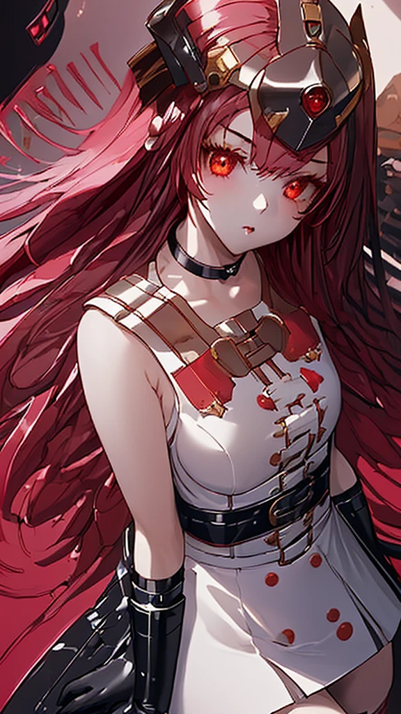 ((best quality)), ((masterpiece)), ((1girl)), ((red inner hair)), ((stockings belt)), bare shoulders, ((cap)), black eyes, white dress, high waist skirt, ((gloves)), flutter hair, camera angle Close-up shot, leadership, Black Narrow Neck Choker noble necklace