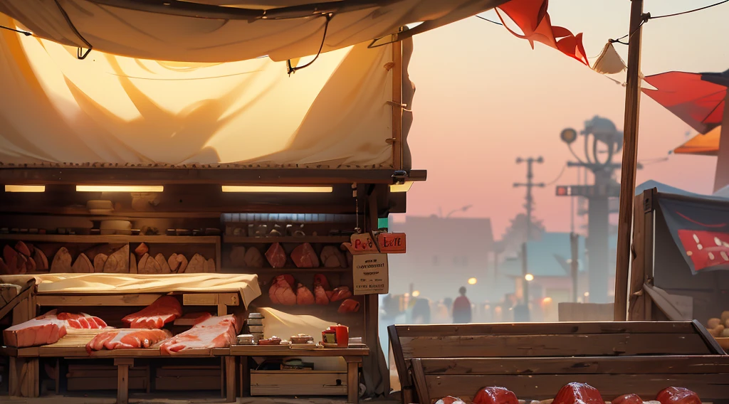 (traditional market, market stall, ((market tens), butchery)), they sell human flesh, chopped hand and feet, human meats, wooden box, wooden table, sand ground, sand hill behind the stall, dawn time, early morning,