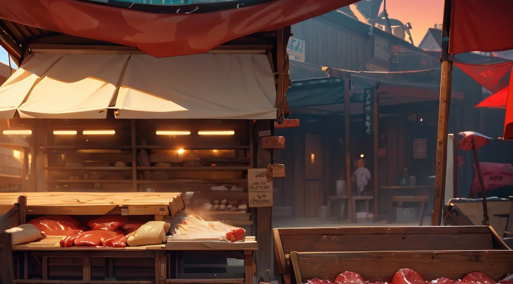 (traditional market, market stall, ((market tens), butchery)), they sell human flesh, chopped hand and feet, human meats, wooden box, wooden table, sand ground, sand hill behind the stall, dawn time, early morning,