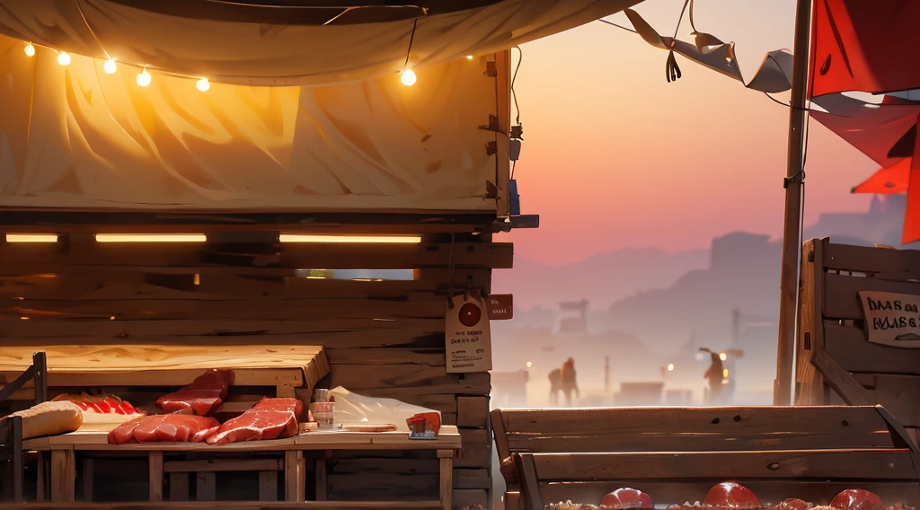 (traditional market, market stall, ((market tens), butchery)), they sell human flesh, chopped hand and feet, human meats, wooden box, wooden table, sand ground, sand hill behind the stall, dawn time, early morning, 