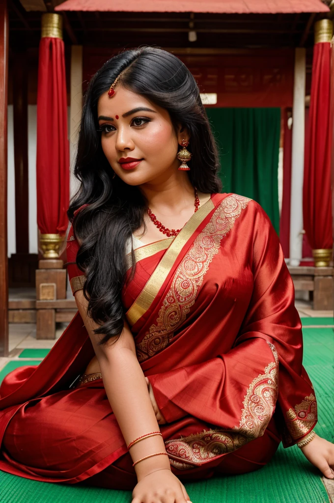 A chubby women wear red silk saree on a temple background waiting for her groom to come 
Traditional wedding background. Green floor . 
She has black long hair, mixed complexion, red lips, mehandi on hands. 

