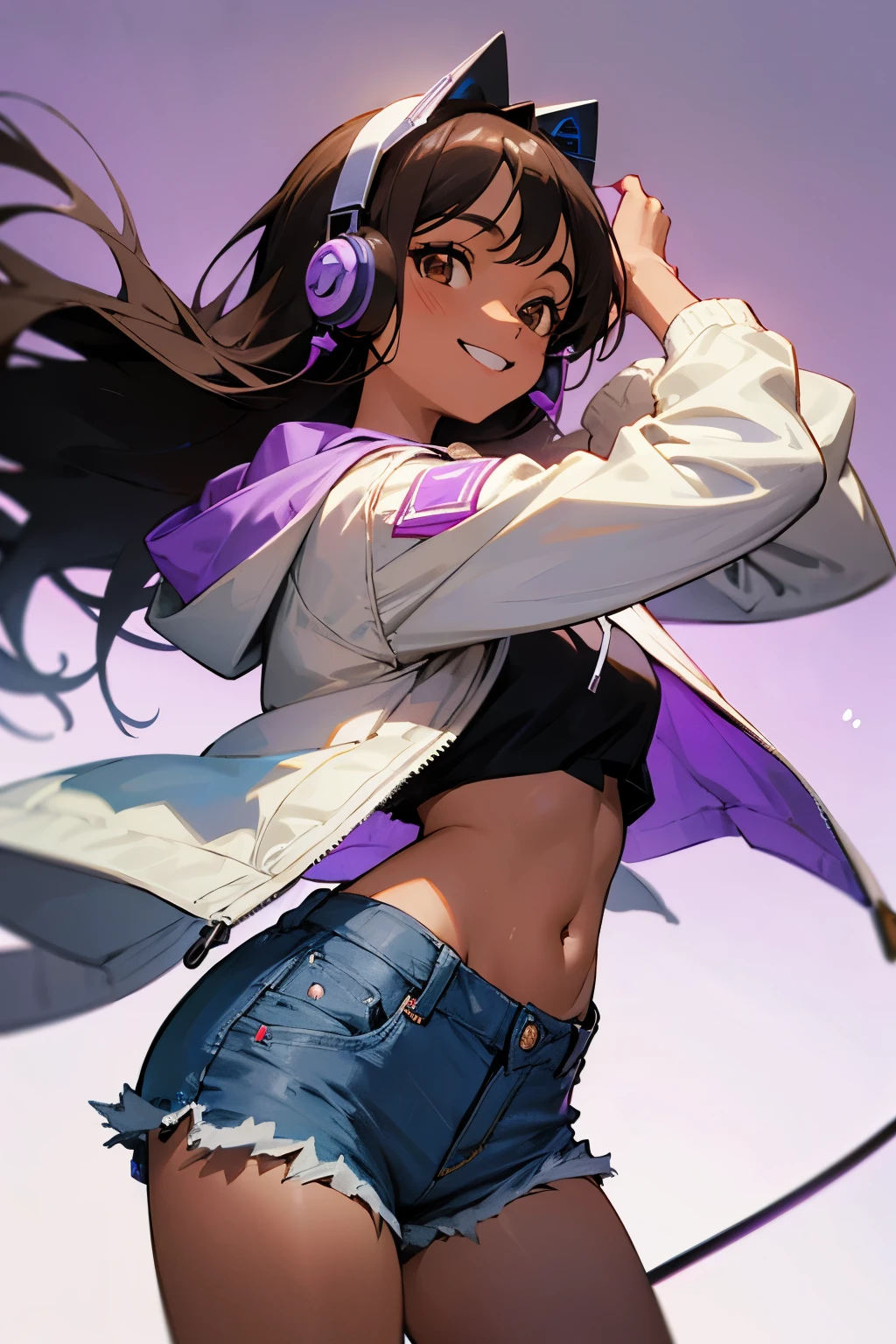 girl, long black hair, light brown skin, brown eyes, (headset with mic), white jacket with hood and purple underside, light purple, black cami top, denim shorts, smiling