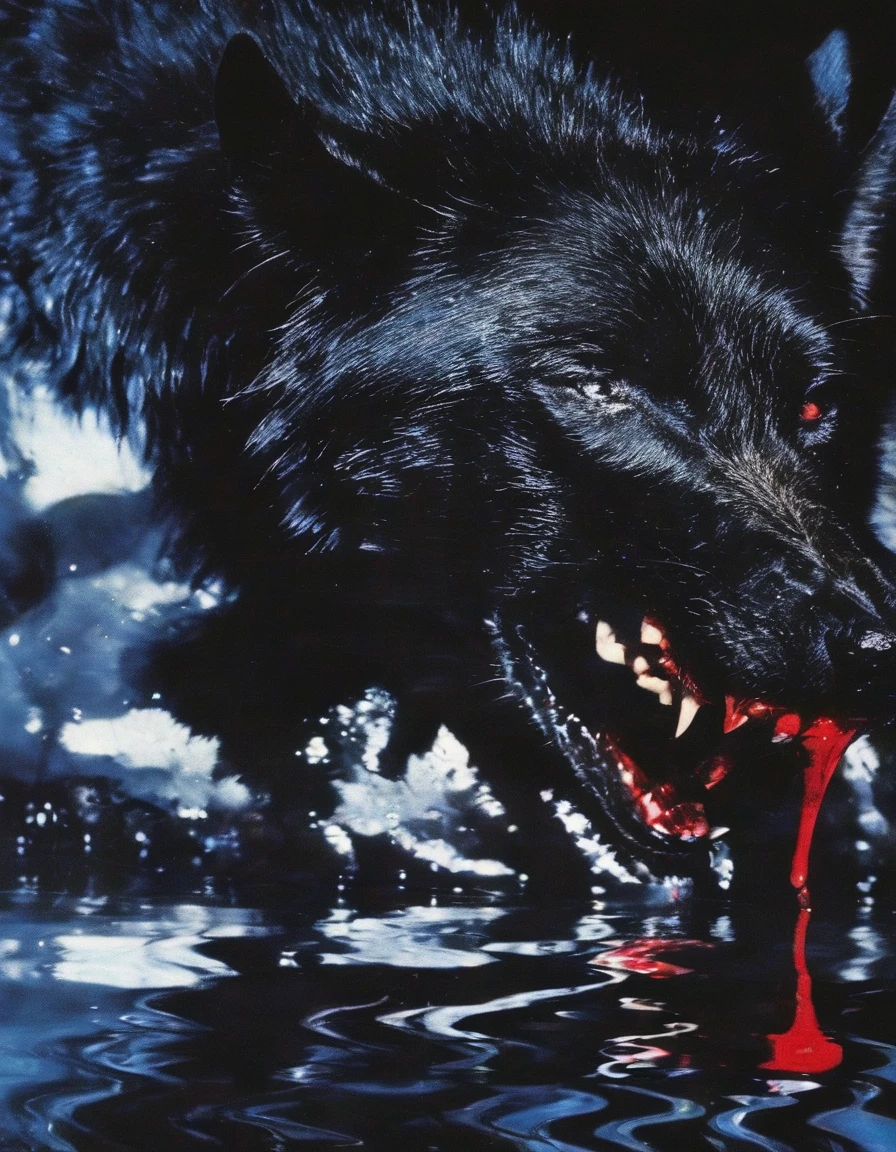 film photography, vintage, close up photo of black wolf eating white swan covered in blood in black water, blue dark forest night background