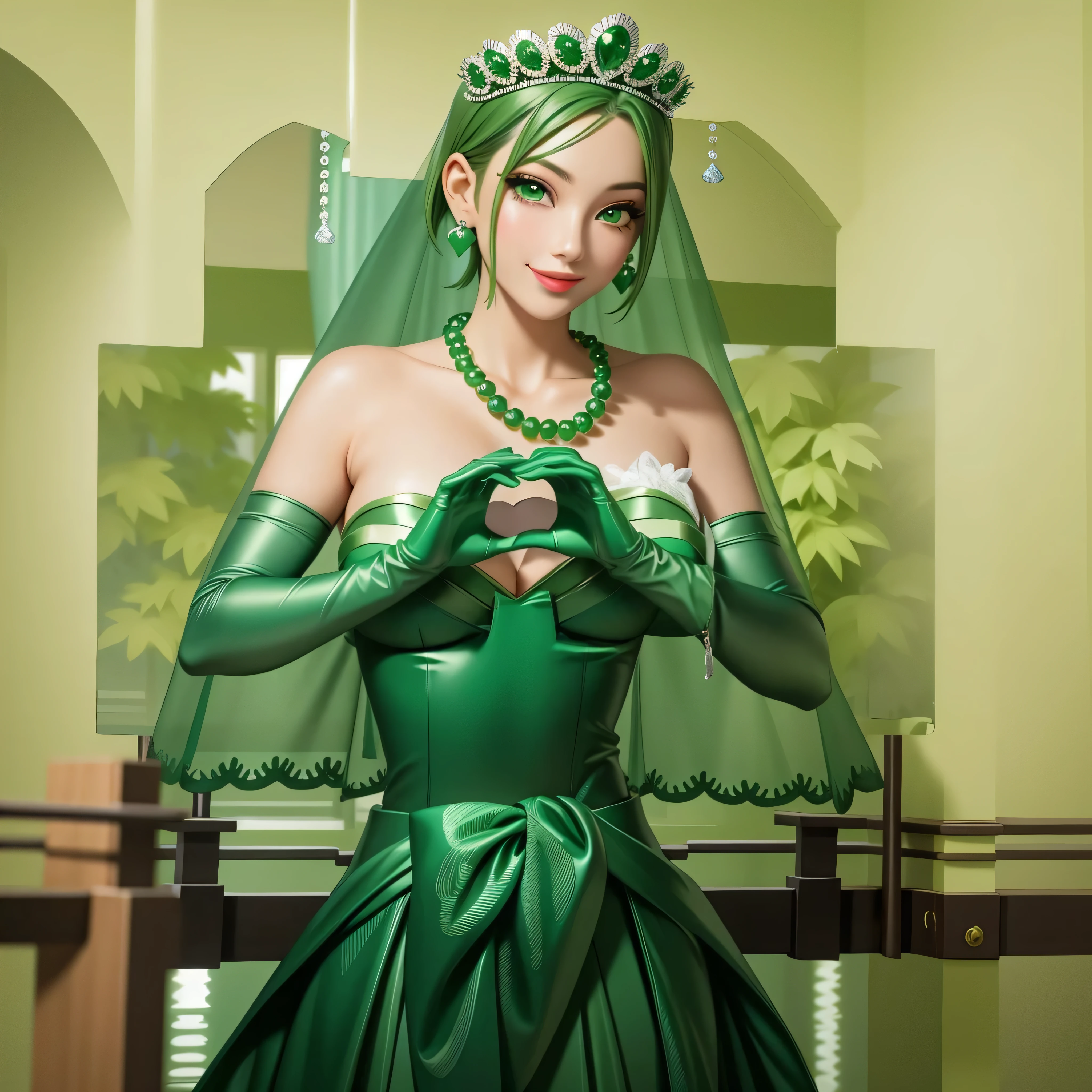emerald tiara, Green Pearl Necklace, Boyish very short green hair, Green Lips, Smiling Japanese woman, Very short hair, Busty beautiful lady, Green Eyes, Green satin long gloves, Green Eyes, Emerald Earrings, Green veil, Heart with both hands, Heart shaped hands, Green Hair, Beautiful Japanese Woman, green lip gloss