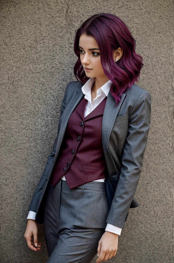 Girl with blod hair in suit and medium size 