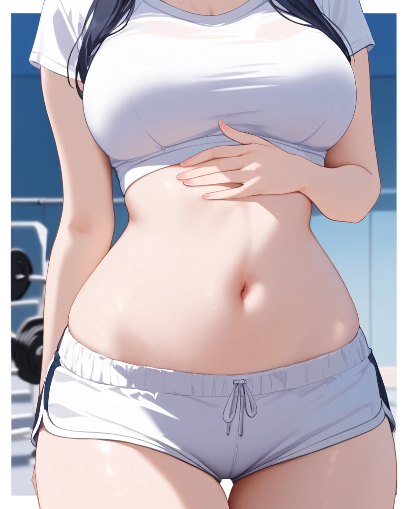 1girl, ultra high res,, exposed tummy, hand on tummy, gym shorts, white shirt, detailed face