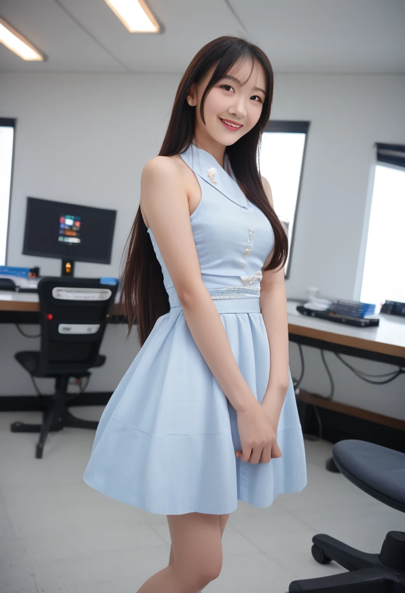masterpiece, (best quality:1.3), Amazing, beautiful detailed eyes, 1girl, solo, finely detail, depth_of_field, extremely detailed photo unity 8k wallpaper, ([overhead shot]:1.0), long hair, dress, bare shoulders,A beautiful Asian woman stands elegantly behind the counter of a computer tutoring center, dressed in professional office attire. She is smiling warmly, exuding grace and poise. The scene is brightly lit, with detailed attention to the background and lighting, enhancing the overall beauty, brightness, and professionalism of the setting.