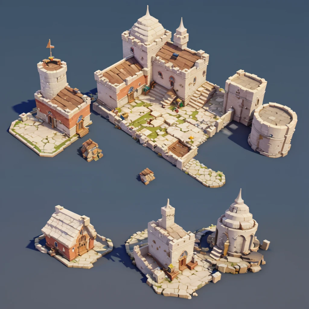 Game architecture design,Isometric,45 degrees from above,Realism,Medieval Magic Castle,casual game style, 3d, Blender,close up,masterpiece,Super Detail,Best quality