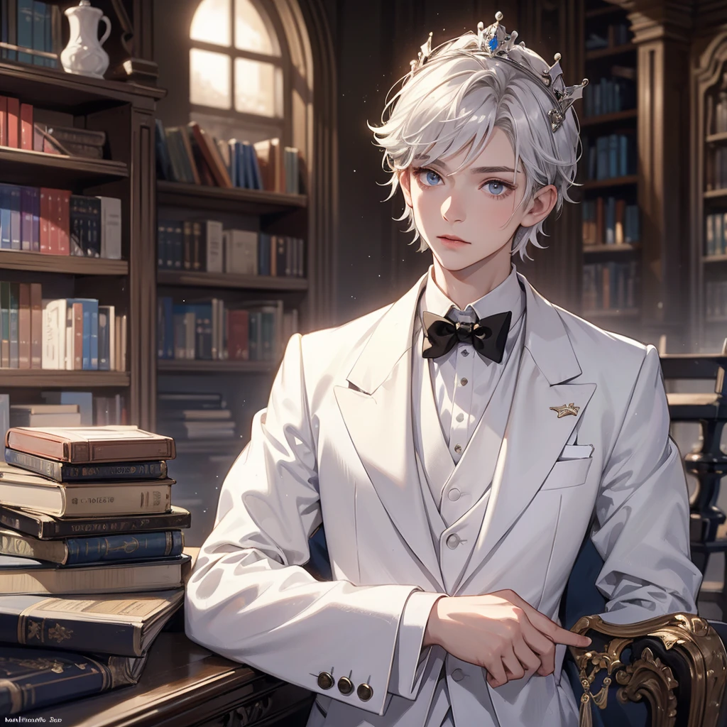 1 boy, 18 years old, short hair, silver hair, wear a prince crown, nordic eyes, white skin, white prince tuxedo, background in a library