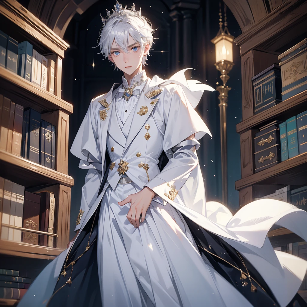 1 boy, 18 years old, short hair, silver hair, wear a prince crown, nordic eyes, white skin, white prince tuxedo, background in a library