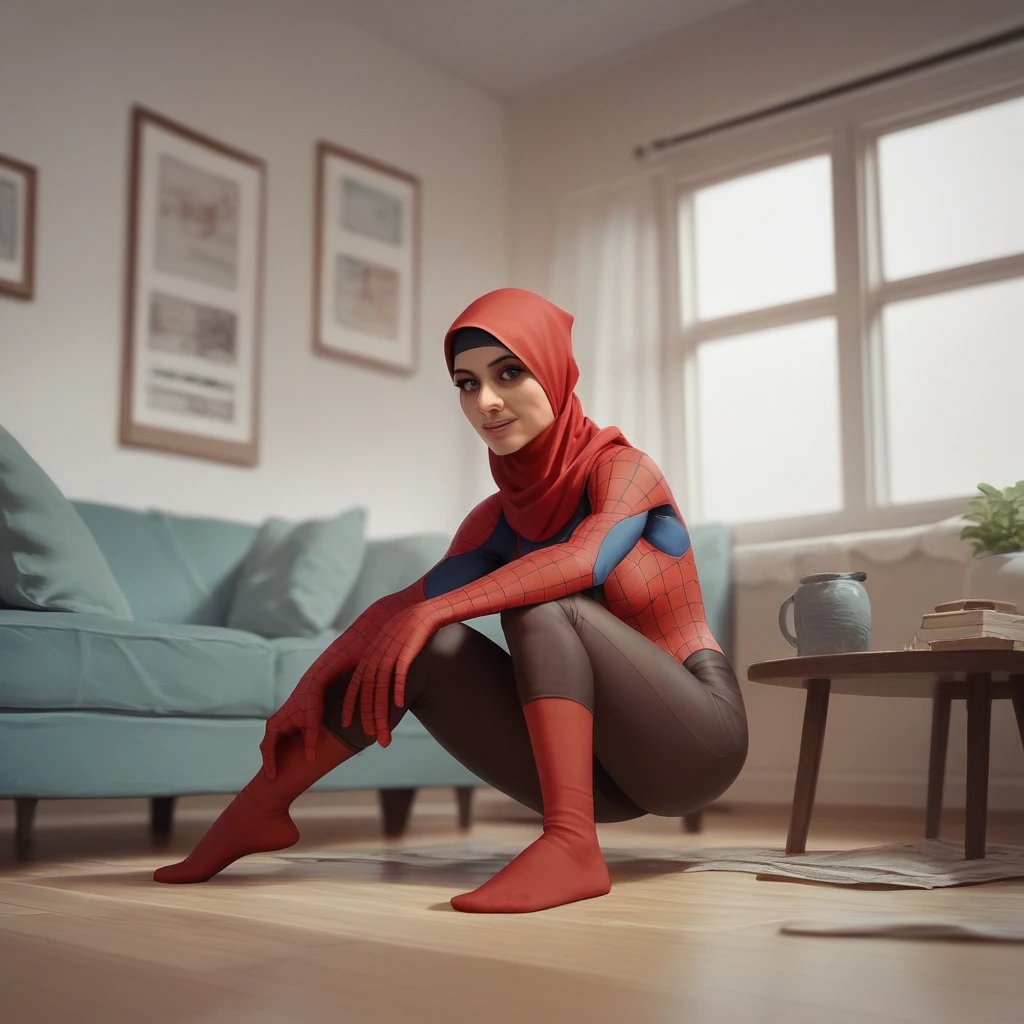 Pale skin Woman in straight hijab talking to marvel spiderman Peter Parker in young room full body