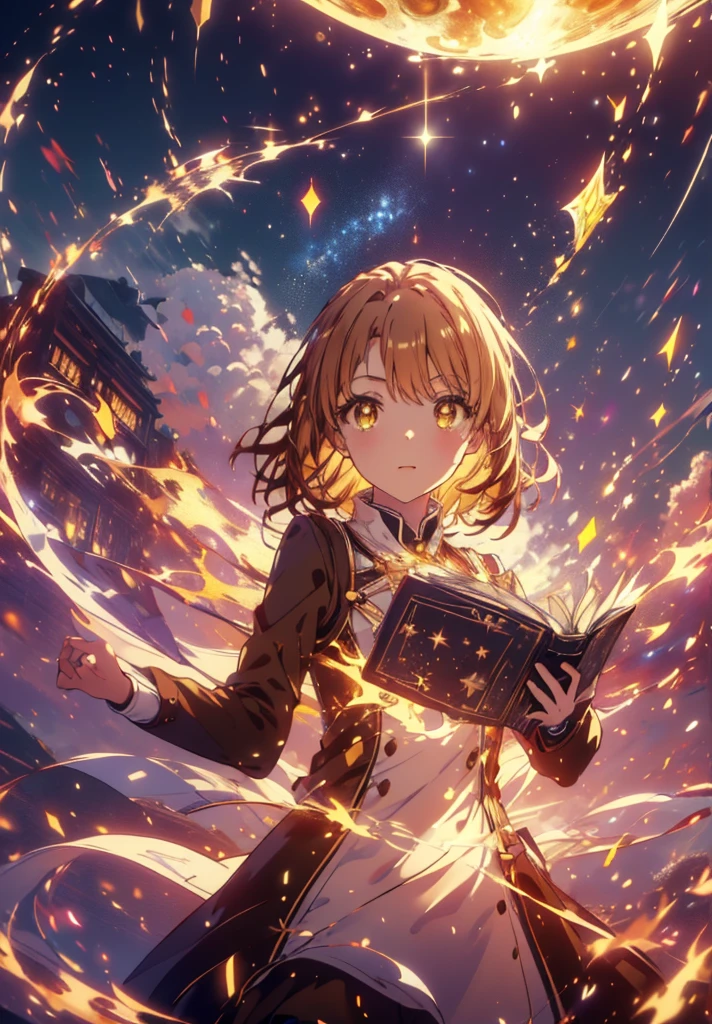 Irohaisshiki, isshiki iroha, short hair, Brown Hair, (Brown eyes:1.5), smile,((Night Sky)),((Big full moon)),((Sparkling and colorful stars)),Fluffy hair,((Idol style costume with soft volume)),Long skirt,Holding a magic book in his right hand、,Use magic with your left hand,((witch)),Rubik&#39;正方shape,
break outdoors, forest,forest
break looking at viewer,Upper Body,
break (masterpiece:1.2), Highest quality, High resolution, unity 8k wallpaper, (shape:0.8), (Narrow and beautiful eyes:1.6), Highly detailed face, Perfect lighting, Extremely detailed CG, (Perfect hands, Perfect Anatomy),