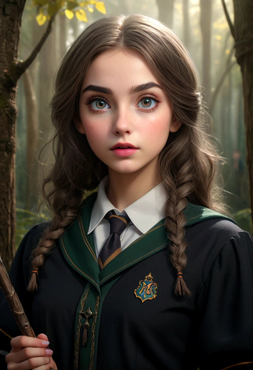 a young witch in a magical forest, beautiful detailed eyes, beautiful detailed lips, extremely detailed eyes and face, long eyelashes, hogwarts student uniform, holding a wand, portrait, fantasy, intricate details, cinematic lighting, dramatic shadows, (best quality,4k,8k,highres,masterpiece:1.2),ultra-detailed,(realistic,photorealistic,photo-realistic:1.37),HDR,UHD,studio lighting,ultra-fine painting,sharp focus,physically-based rendering,extreme detail description,professional,vivid colors,bokeh