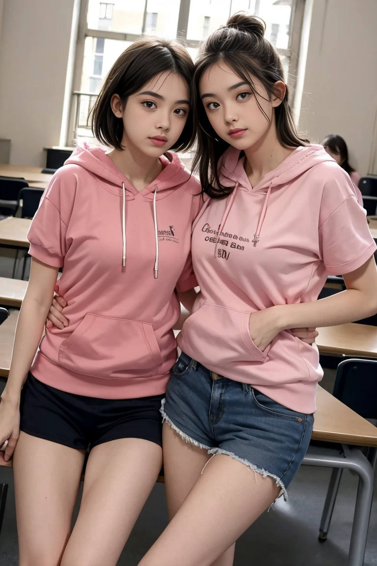 deux femmes ensemble de 18 ans sexy et mince , pink short sleeve hoodie , salle de classe, se touche,position sey,sensuel