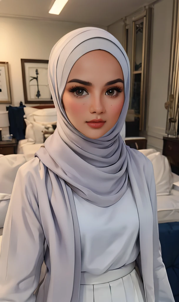 A picture of a beautiful woman wearing a light hijab, white clothes, and light-colored clothes