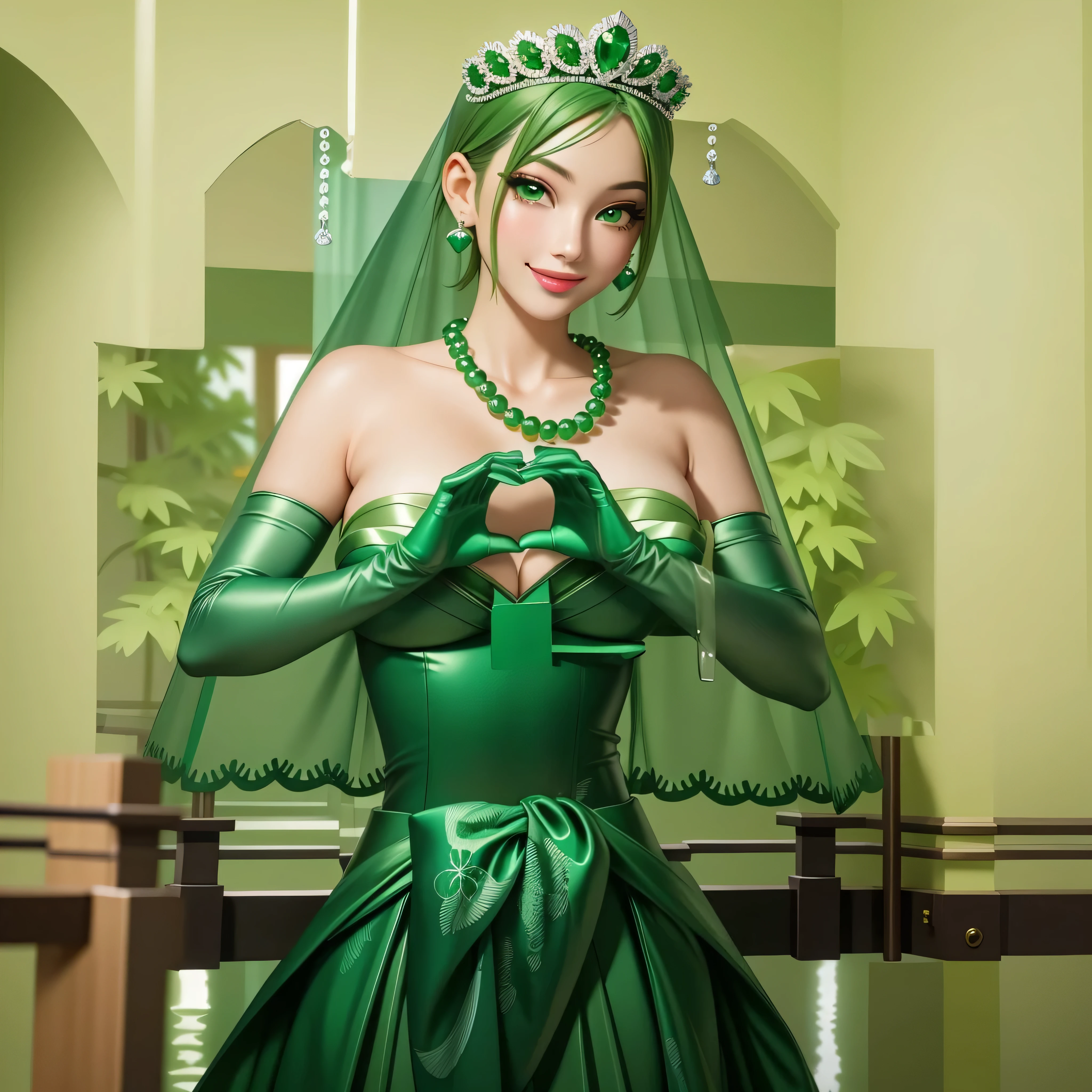 emerald tiara, Green Pearl Necklace, Boyish very short green hair, Green Lips, Smiling Japanese woman, Very short hair, Busty beautiful lady, Green Eyes, Green satin long gloves, Green Eyes, Emerald Earrings, Green veil, Heart with both hands, Heart shaped hands, Green Hair, Beautiful Japanese Woman, green lip gloss